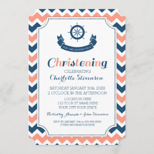 Coral Blue Nautical Custom Christening Uitnodiging