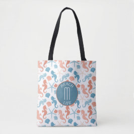 Coral Blue Nautical Monogram Patroon Tote Bag