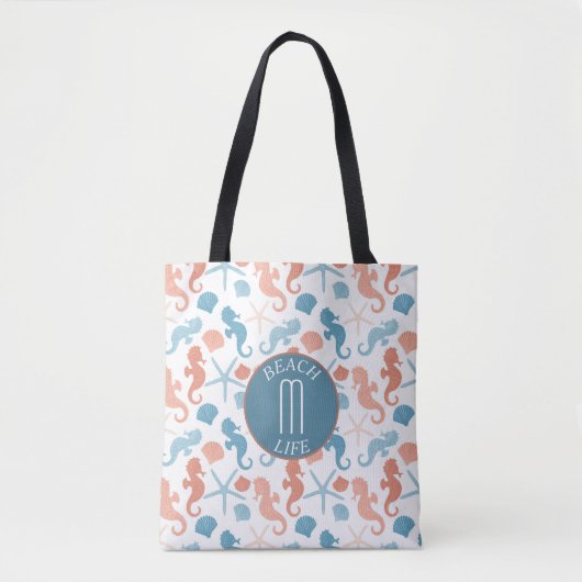 Coral Blue Nautical Monogram Patroon Tote Bag (Voorkant)