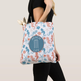 Coral Blue Nautical Monogram Patroon Tote Bag
