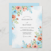 Coral Blue Painterly Bloom Wedding Kaart (Voorkant / Achterkant)