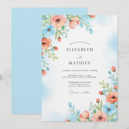Coral Blue Painterly Bloom Wedding Kaart (Voorkant / Achterkant)