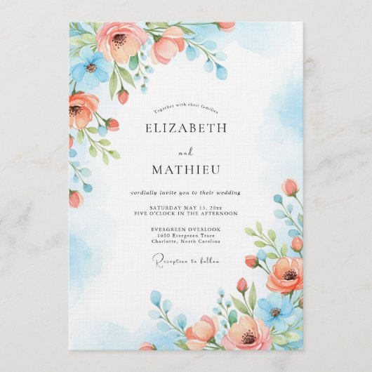 Coral Blue Painterly Bloom Wedding Kaart (Voorkant)