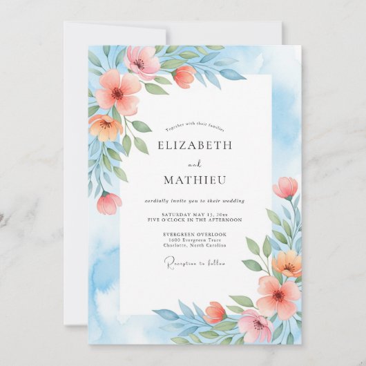 Coral Blue Painterly Botanical Wedding Kaart (Voorkant)