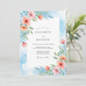 Coral Blue Painterly Botanical Wedding Kaart (Staand voorkant)