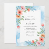 Coral Blue Painterly Botanical Wedding Kaart (Voorkant / Achterkant)