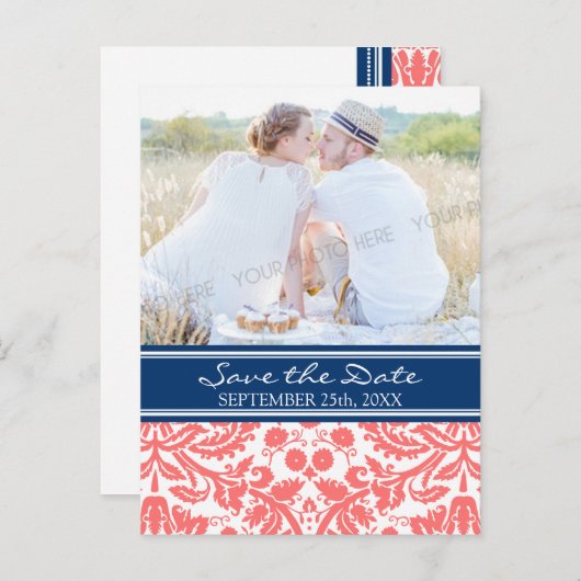 Coral Blue Photo Sla de datum bruiloft Briefkaarte Aankondigingskaart (Voorkant / Achterkant)