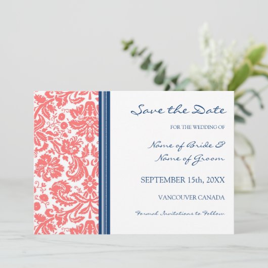 Coral Blue Wedding Save the Date Card (Staand voorkant)