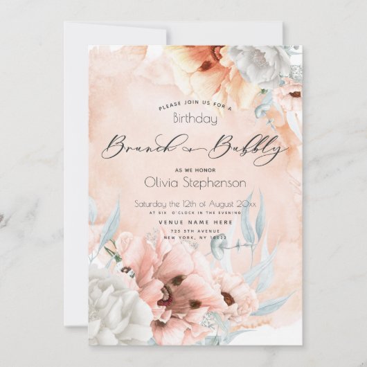 Coral Blush Brunch Bubble Birthday Invitation Kaart (Voorkant)