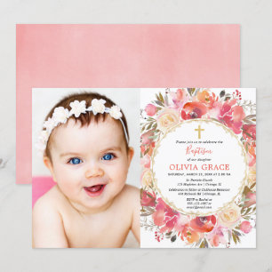 Coral blush roze Girl Baptisme foto Kaart