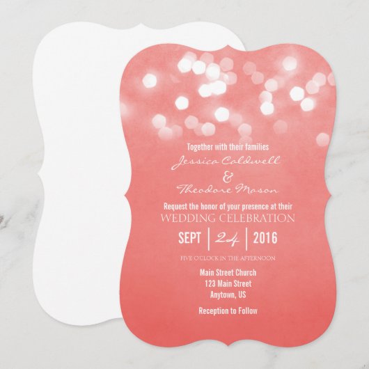 Coral Bokeh Glitter Lights Wedding Kaart (Voorkant / Achterkant)