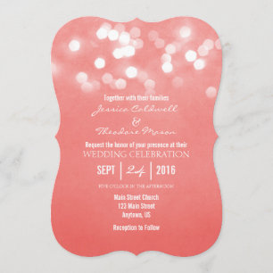 Coral Bokeh Glitter Lights Wedding Kaart