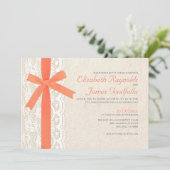 Coral Bow & Lace Wedding Invitations Kaart (Staand voorkant)