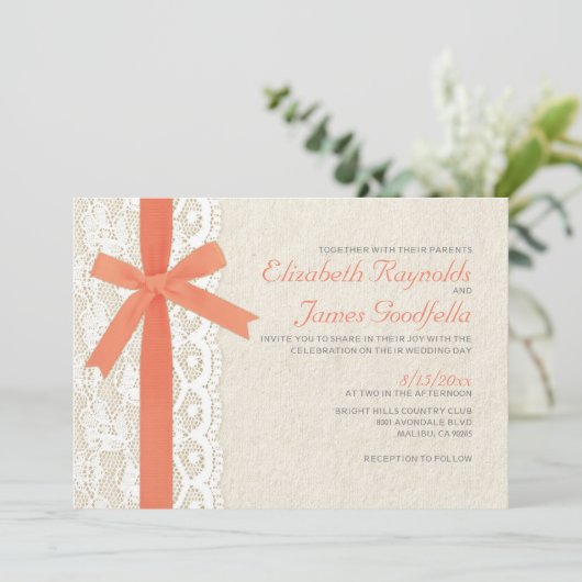 Coral Bow & Lace Wedding Invitations Kaart (Staand voorkant)