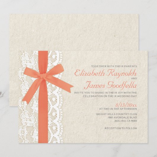 Coral Bow & Lace Wedding Invitations Kaart (Voorkant / Achterkant)