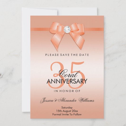 Coral Bow & Ribbon 35th Wedding Jubileum Save The Date (Voorkant)