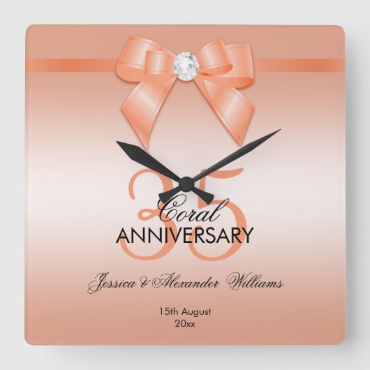 Coral Bow & Ribbon 35th Wedding Jubileum Vierkante Klok (Voorkant)