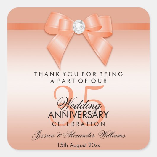 Coral Bow & Ribbon 35th Wedding Jubileum Vierkante Sticker (Voorkant)