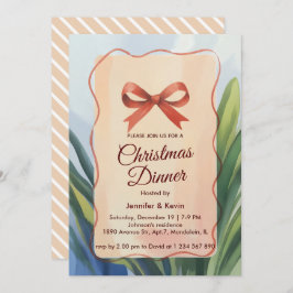 Coral Bow Waterverf Botanisch Kerstdiner Feestdagenkaart