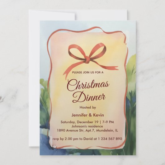 Coral Bow Waterverf Botanisch Kerstdiner Feestdagenkaart (Voorkant)