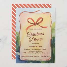 Coral Bow Waterverf Botanisch Kerstdiner Feestdagenkaart