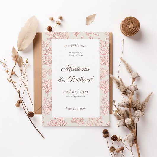 Coral Branch Save the Date Invitation Kaart