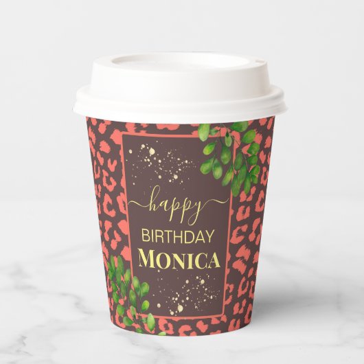 Coral Brown Leopard Print Papieren Bekers (Voorkant)