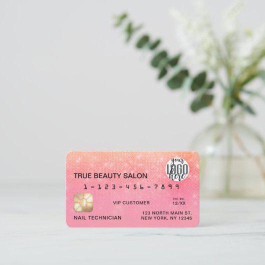 Coral Bubblegum Sequin Glitter Creditcard Logo Visitekaartje (Staand voorkant)