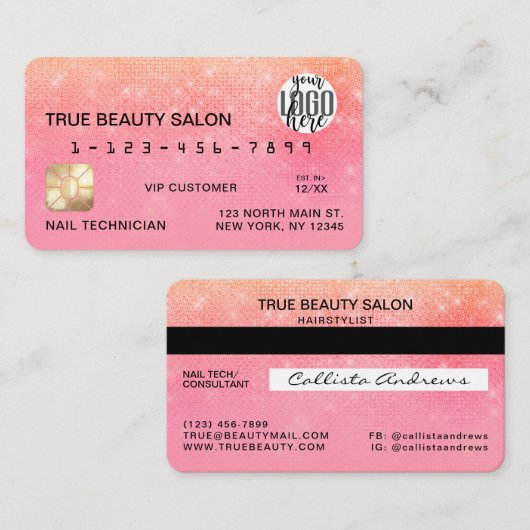Coral Bubblegum Sequin Glitter Creditcard Logo Visitekaartje (Voorkant / Achterkant)