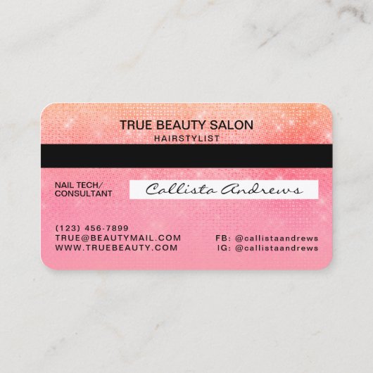 Coral Bubblegum Sequin Glitter Creditcard Logo Visitekaartje (Achterkant)