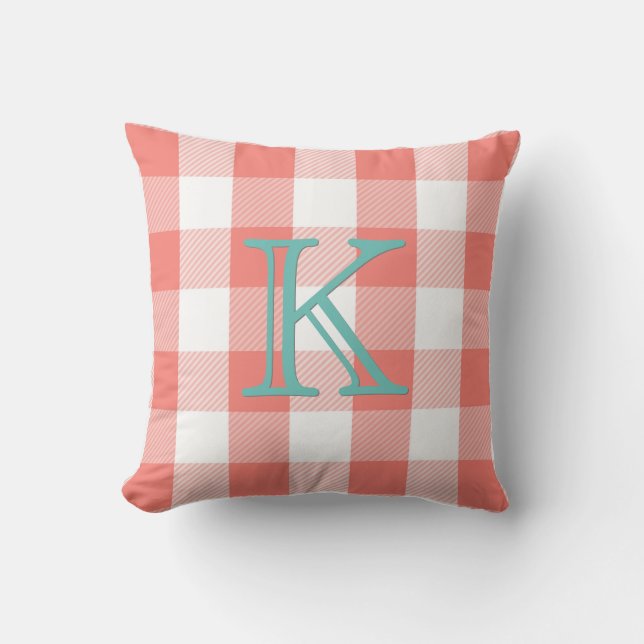Coral Buffalo Check | Blauwgroen monogram speldest Kussen (Voorkant)