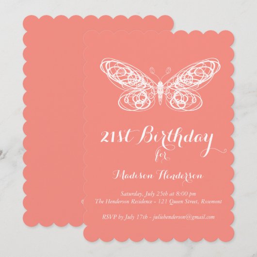 Coral Butterfly 21st Birthday Invitation Kaart (Voorkant / Achterkant)