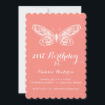 Coral Butterfly 21st Birthday Invitation Kaart<br><div class="desc">Fancy linttype en een handgeschetst vlinderaccent op deze verjaardagsuitnodiging.</div>