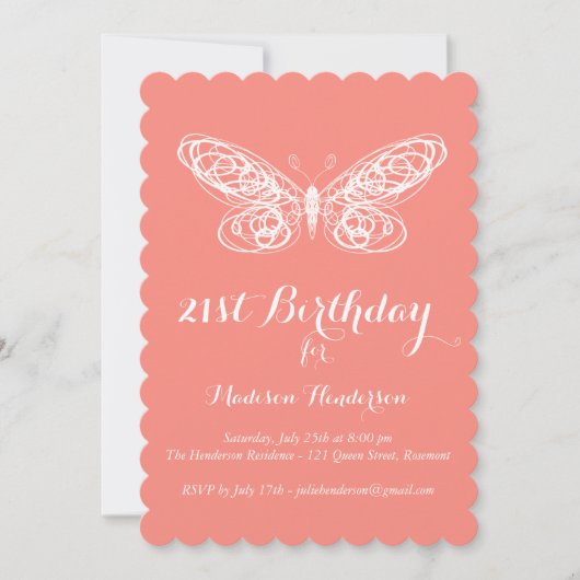 Coral Butterfly 21st Birthday Invitation Kaart (Voorkant)