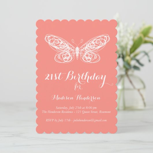 Coral Butterfly 21st Birthday Invitation Kaart (Staand voorkant)