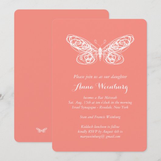 Coral Butterfly Bat Mitzvah Invitation Kaart (Voorkant / Achterkant)