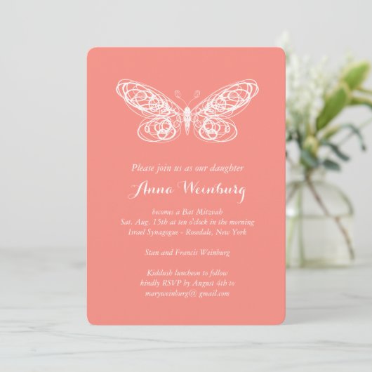 Coral Butterfly Bat Mitzvah Invitation Kaart (Staand voorkant)