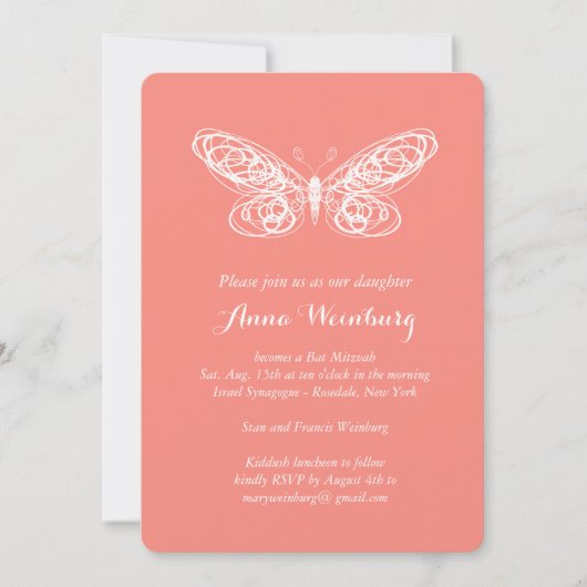Coral Butterfly Bat Mitzvah Invitation Kaart (Voorkant)