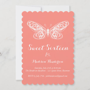 Coral Butterfly Sweet Sixteen Uitnodiging