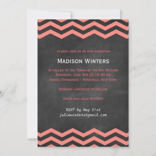 Coral & Chalkboard Chevron Bat Mitzvah Kaart (Voorkant)
