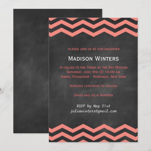 Coral & Chalkboard Chevron Bat Mitzvah Kaart (Voorkant / Achterkant)