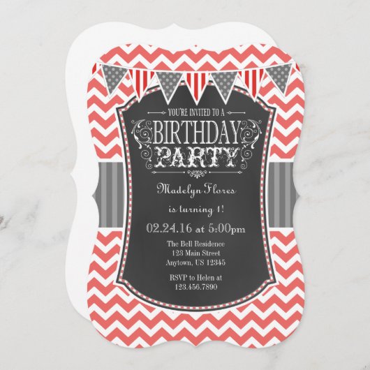Coral Chalkboard Chevron Birthday Invite Kaart (Voorkant / Achterkant)