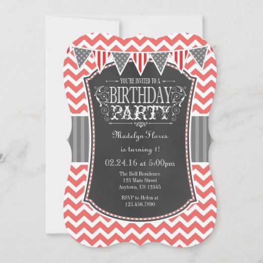 Coral Chalkboard Chevron Birthday Invite Kaart (Voorkant)
