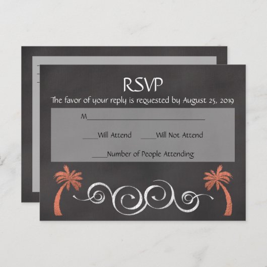 Coral Chalkboard Script Beach Bruiloft RSVP Antwoo Uitnodiging Briefkaart (Voorkant / Achterkant)