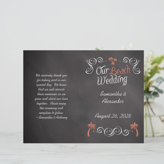 Coral Chalkboard Script Beach Wedding Program (Staand voorkant)