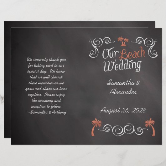 Coral Chalkboard Script Beach Wedding Program (Voorkant / Achterkant)