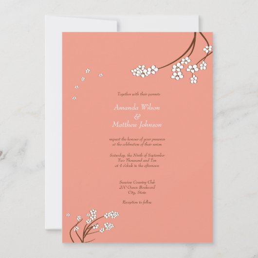 Coral Cherry Blossom Wedding Invitations Kaart (Voorkant)