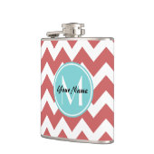 Coral Chevron Aqua Monogram, gepersonaliseerd Heupfles (Links)