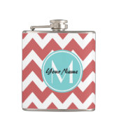 Coral Chevron Aqua Monogram, gepersonaliseerd Heupfles (Voorkant)