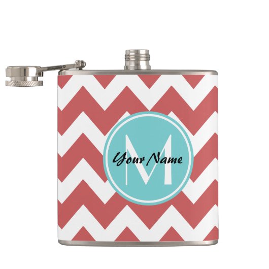 Coral Chevron Aqua Monogram, gepersonaliseerd Heupfles (Geopend)